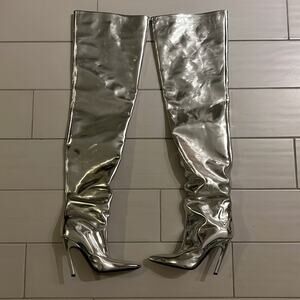 Balenciaga metallic silver thigh high calf skin knife boot size 37